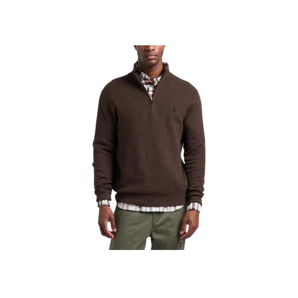 Polo Ralph Lauren Logo Embroidered Mock Neck Half-Zip Long Sleeve Sweater Men sweater Brown 710932304-504