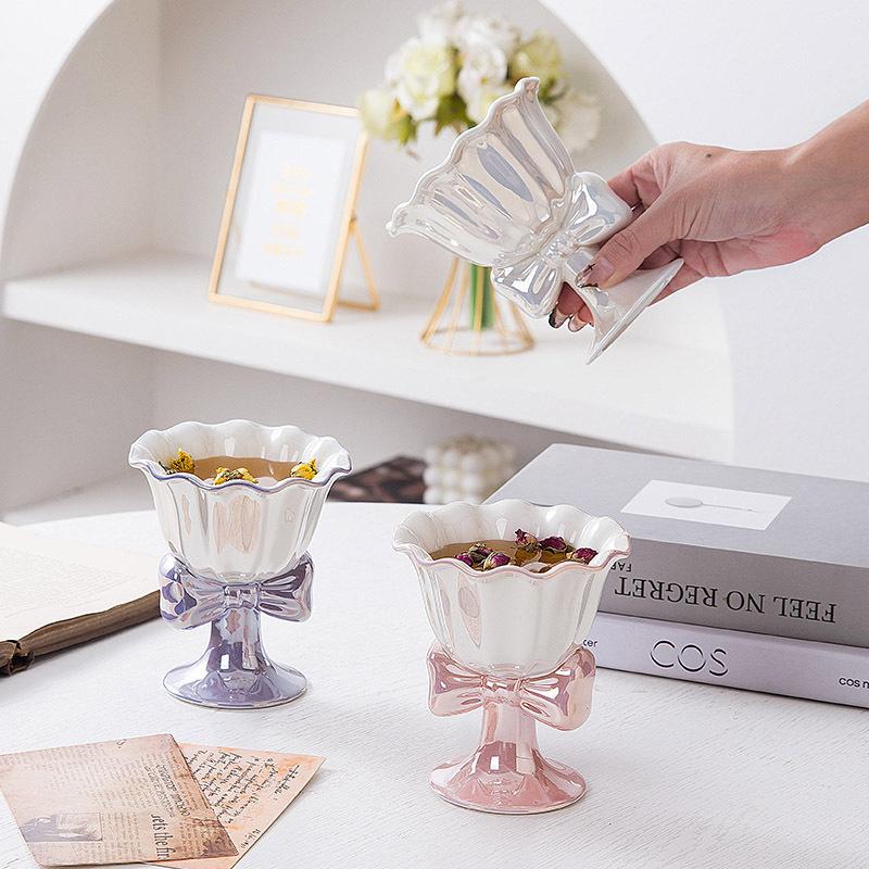 Bow Goblet Ceramic Cup Ice Cream Cup Dessert Cup High End Cute Girls Exquisite Niche Design Couple