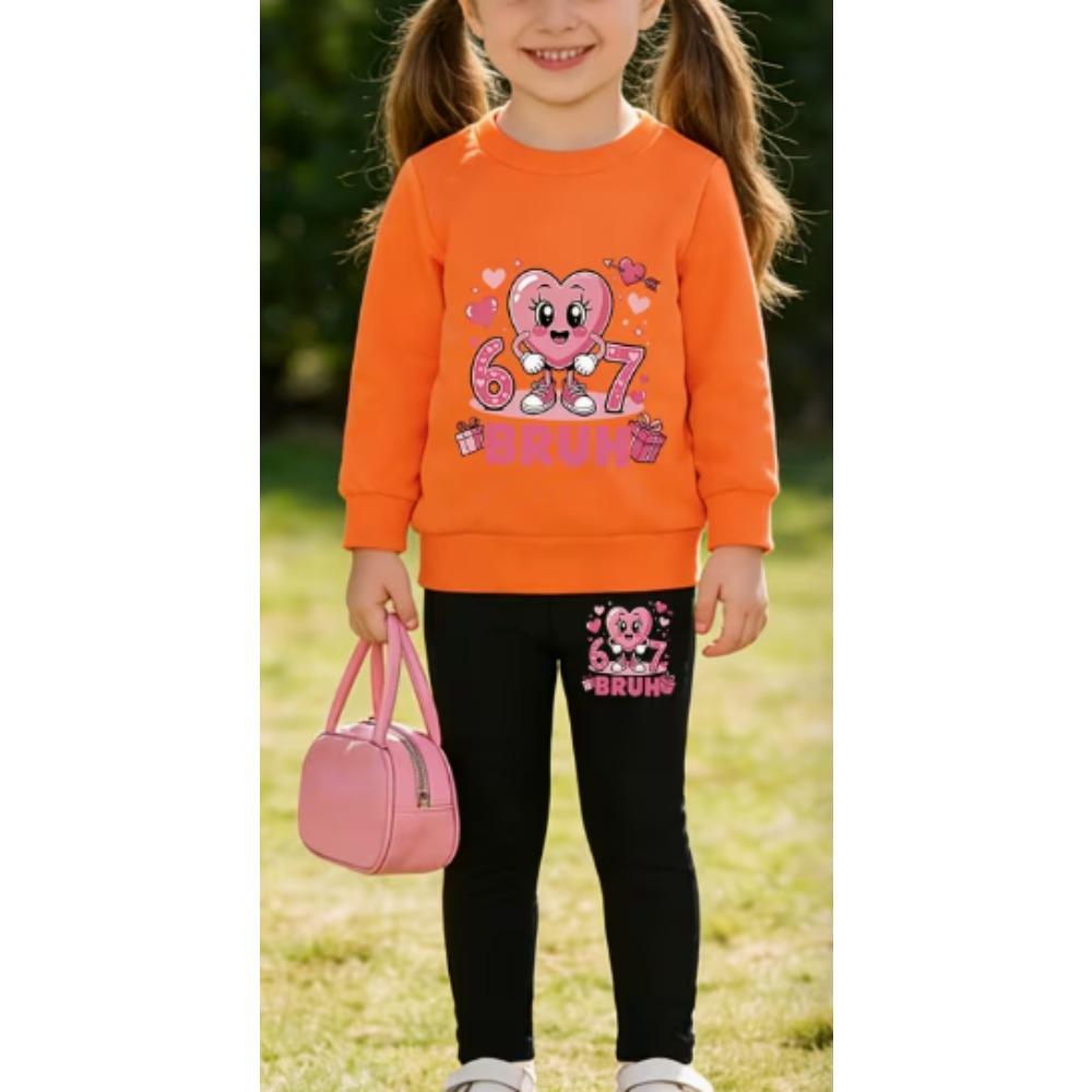 Girls' Heart Cartoon Casual Comfortable Soft Loose Pullover Sweatshirt and Leggings 2-Piece Set, New Autumn/Winter, Playful, Sweet and Cool Style