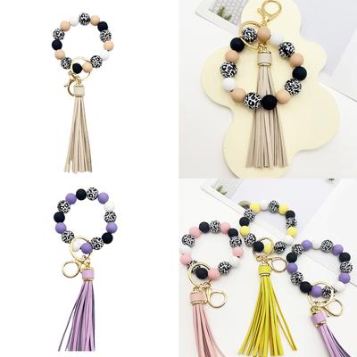 Beaded Bracelet Keychain Wristlet Tassels Key Jewelry Wood Beads Key Holder Beaded Bag Pendant Suitable for Women Girls