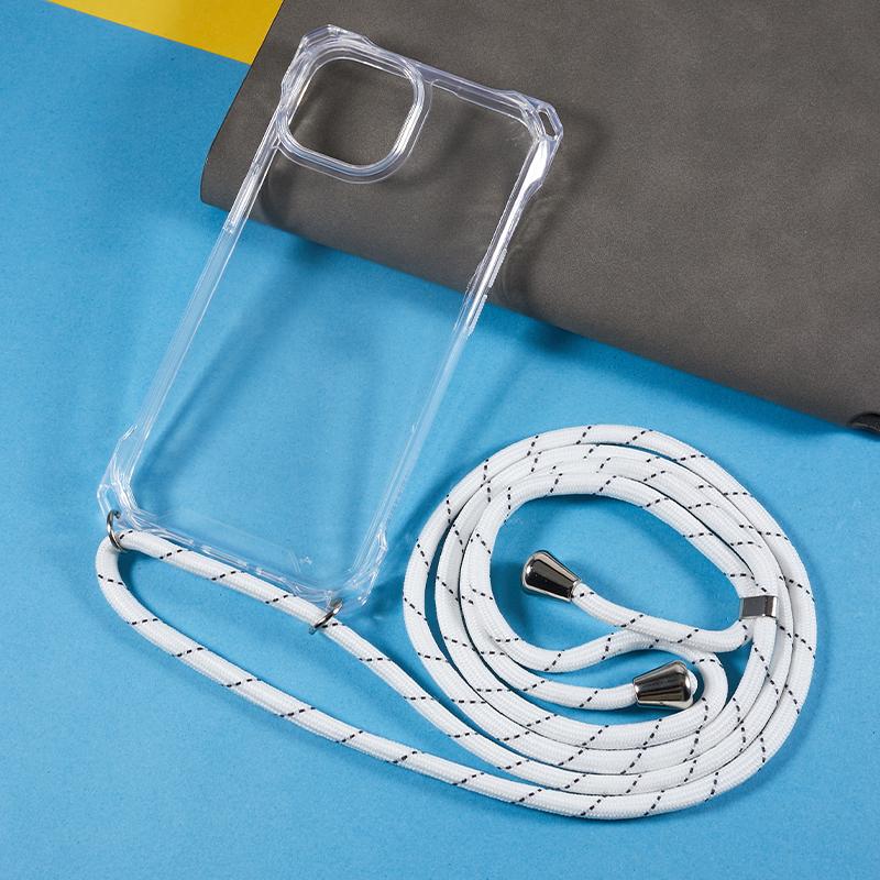 For iPhone 13 Transparent Acrylic Back+TPU Case Anti-drop Phone Cover with Lanyard