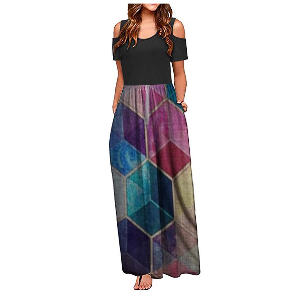 Women' Cold Shoulder Pocket Floral Print Elegant Maxi Short Sleeve Casual Dress