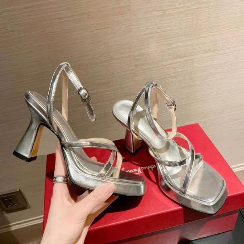 Summer New Sandals Women's Open-toe Gold One-word Buckle Silver Sexy Thick Heel High Heel