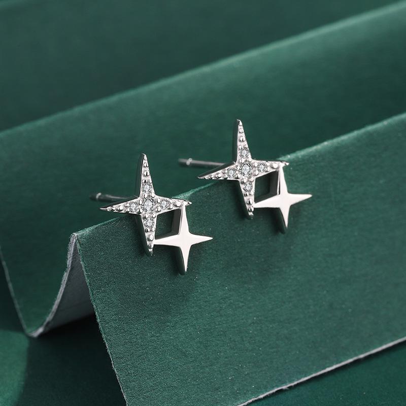 925 Sterling Silver Four-Pointed Star Stud Earrings for Women - Japanese and Korean Fresh Style with Full Diamond.