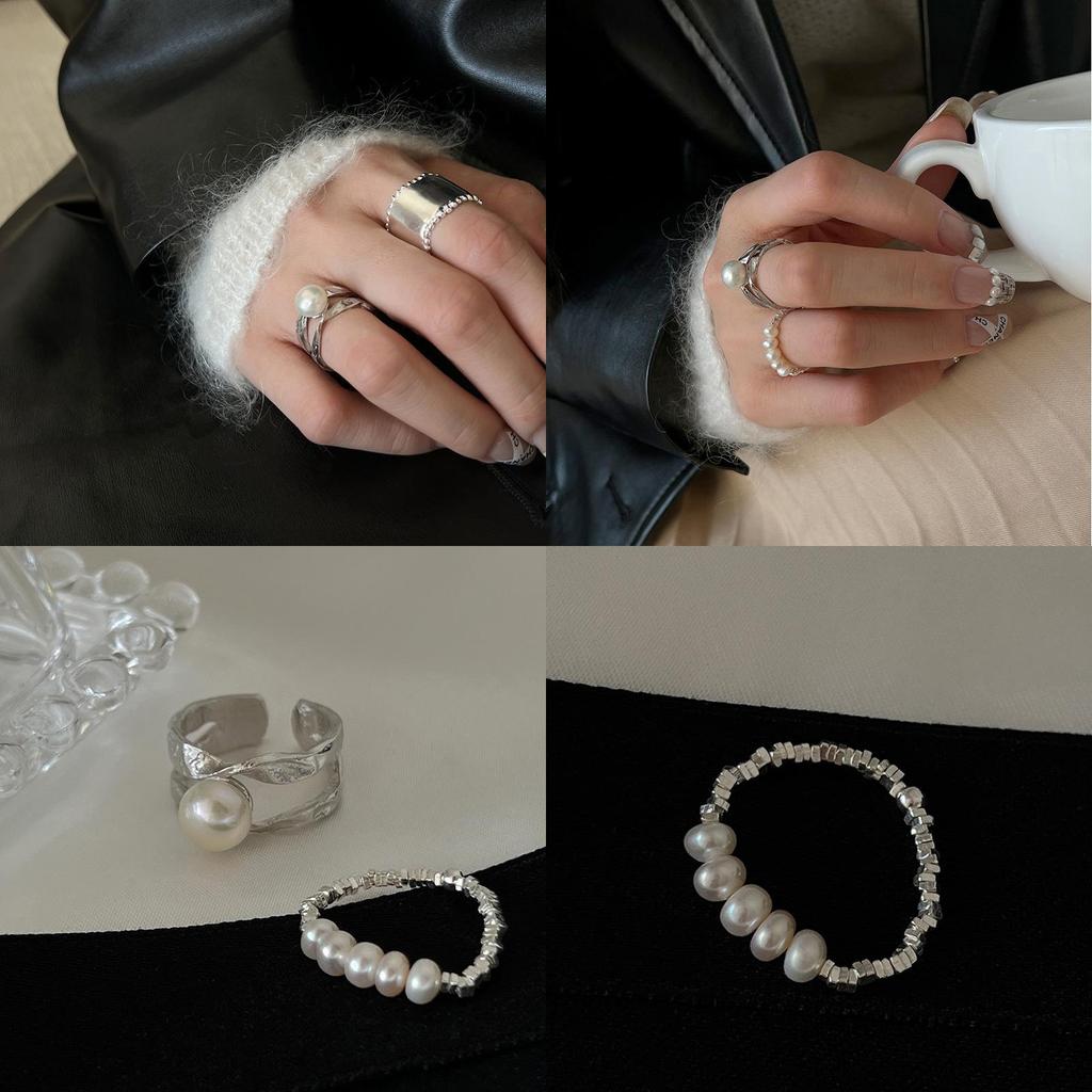 Stylish Double Layer Pearl Fragment Silver Beaded Ring For Women With Unique Geometry