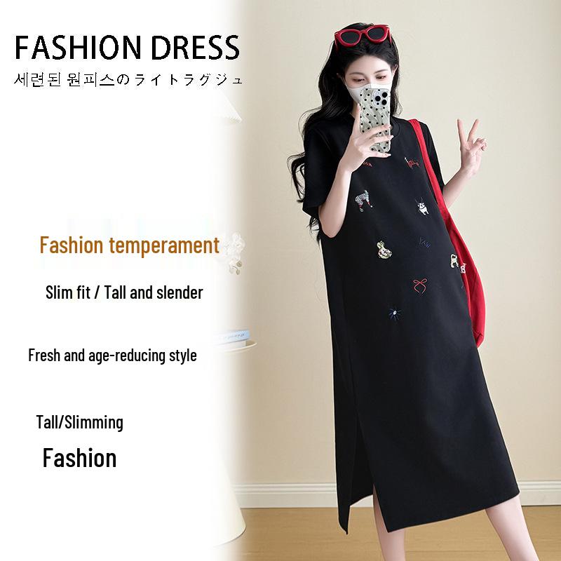 2026 Summer Korean Style Embroidered Dog Slit Midi Maternity Dress Double Extra Large