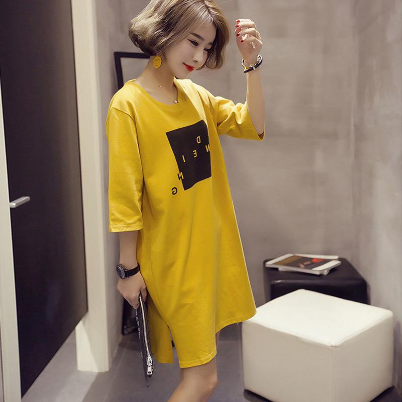 New Korean Style Loose Mid-length Short-sleeved Slit Dress for Women Half-sleeved Student T-shirt Women Top