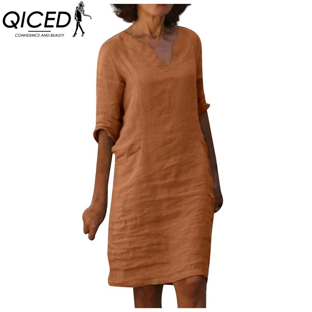 QICED Women Summer Solid Color Cotton Linen Retro V-Neck Short Sleeve Dress Lightweight Breathable Dress