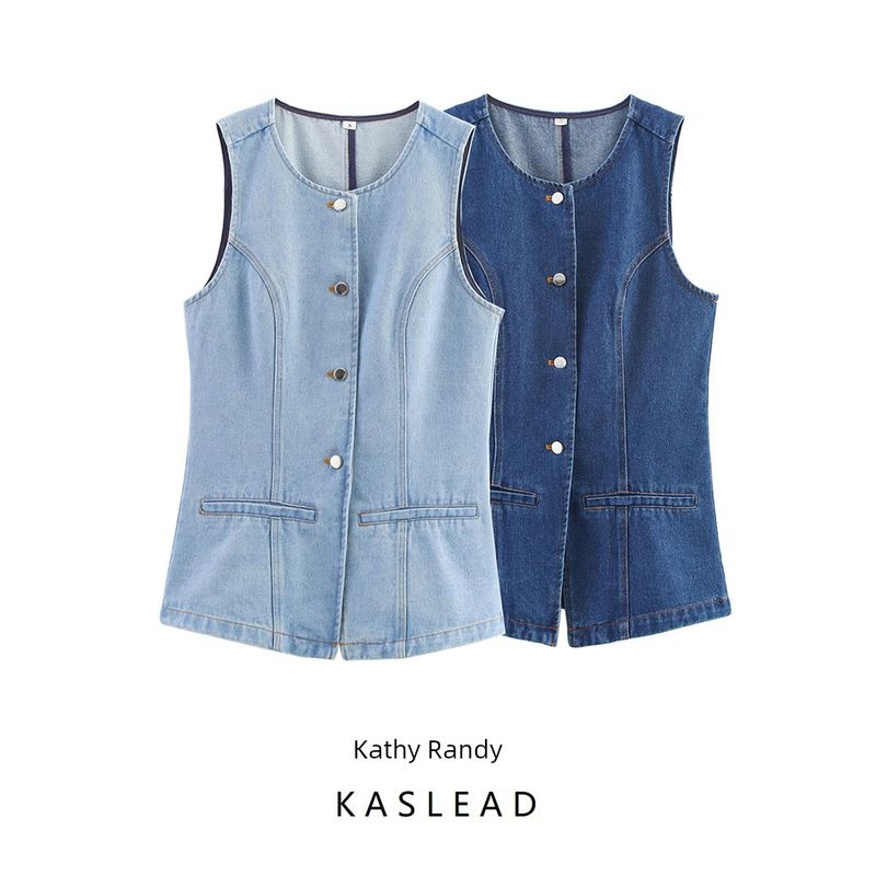 Kaslead New Women Clothes Western Style Fashion Simple and Versatile Two Colors Denim Vest Vest
