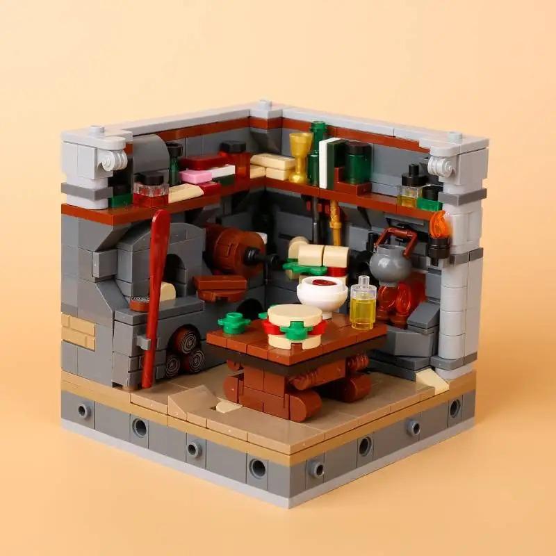 MOC Medieval Building Blocks Set Hanging Cage Guillotine Castle Fountain Bonfire Tent Bulletin Board Ox Cart Carriage Gift Toy