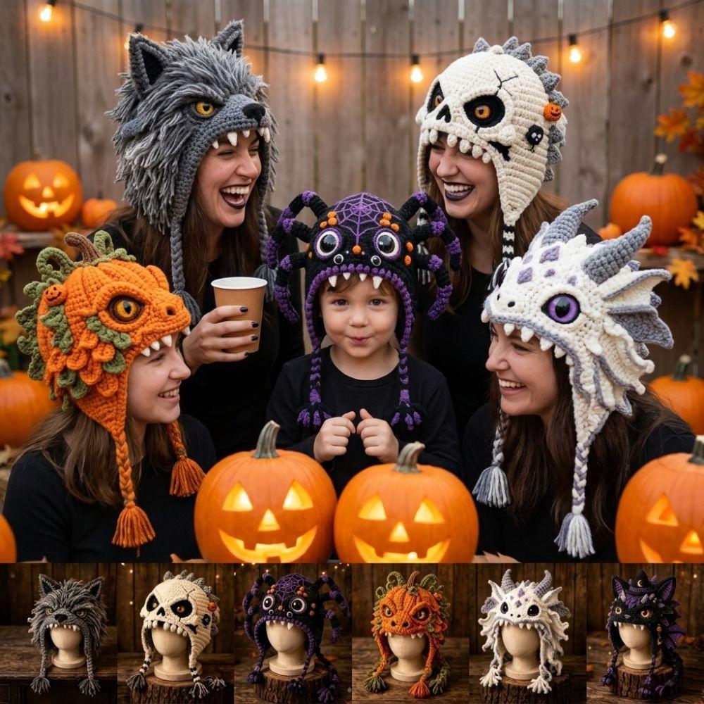 Gothic Style Halloween Crochet Hood Kit for Adults Handmade Pumpkin Bat Cat  For Beginner