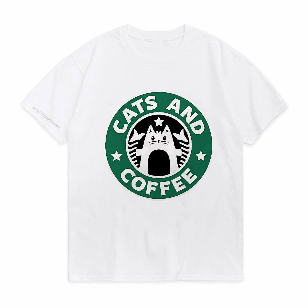Cats And Coffee Street Funny TShirt For Unisex Fashion Casual Loose Cotton Clothing Crewneck Breathable Tshirt Hip Hop Tees