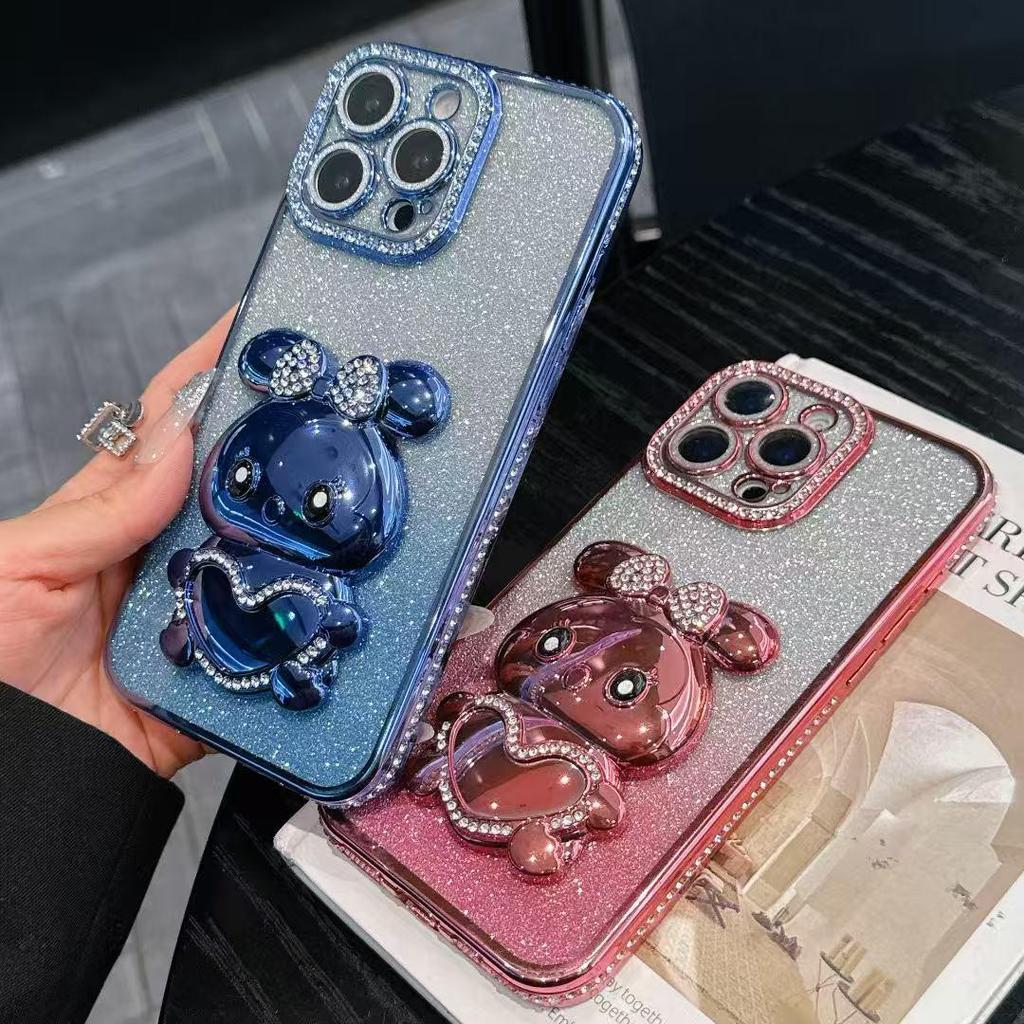 iPhone 17 Rhinestone Gradient Case with Diamond Rabbit Stand for Apple 16 Pro Max - Glitter Shockproof Case for iPhone 15