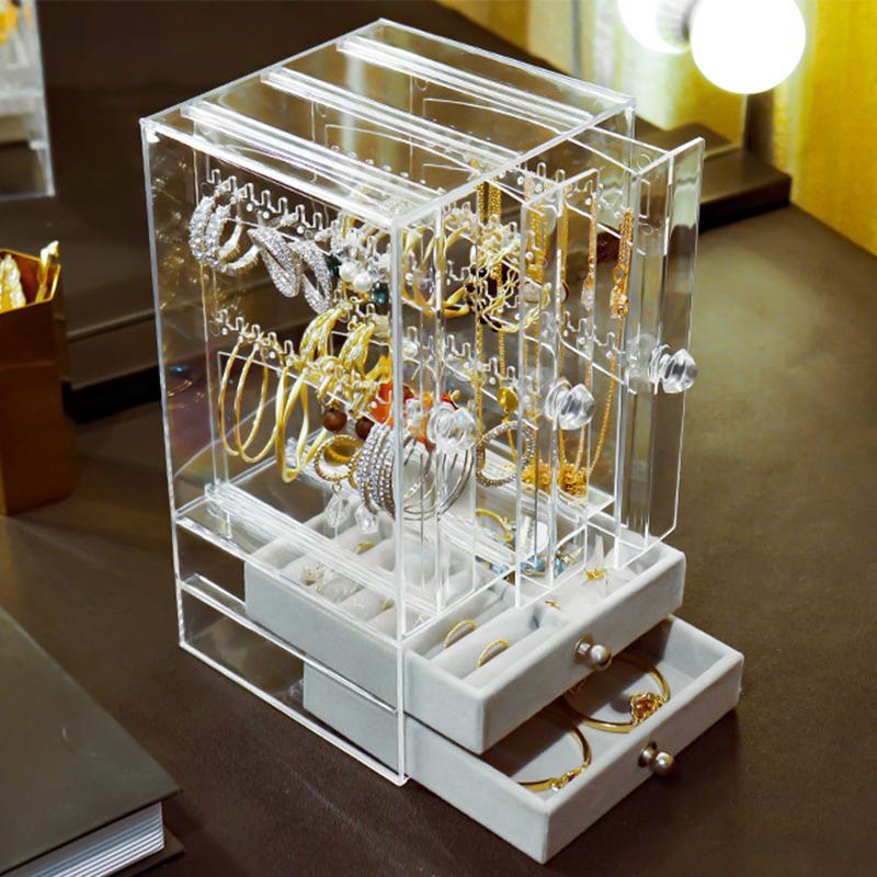 A Clear Earring And Necklace Display Case, Vintage Plastic Storage Case With Drawers For Bracelets, Rings And Accessories