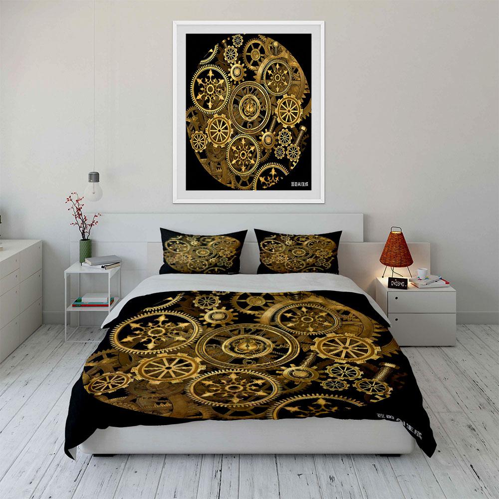 Vintage Clockwork Art Decor Set Multiple Sizes Kid'S And Adults' Bedroom Exquisite 3Pc Bedding Set, Gift