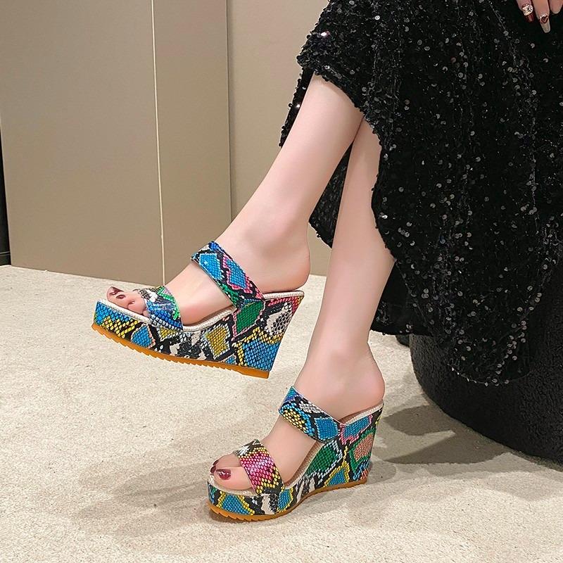Fashion Punk Platform Wedges Snakeskin Women Slipper Sandals 2025 New Summer Chunky Heels Gothic Sandals Mules Sandals