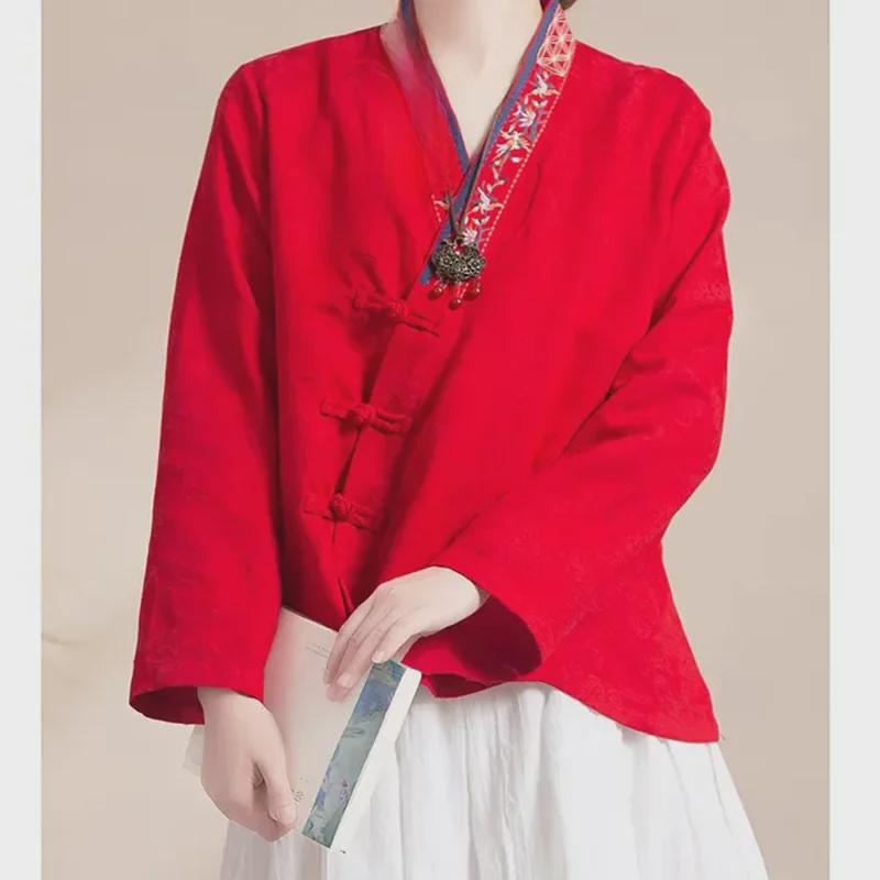 

Женская рубашка ханьфу из хлопка и льна с длинными рукавами в стиле ретро с вышивкой в китайском стиле M