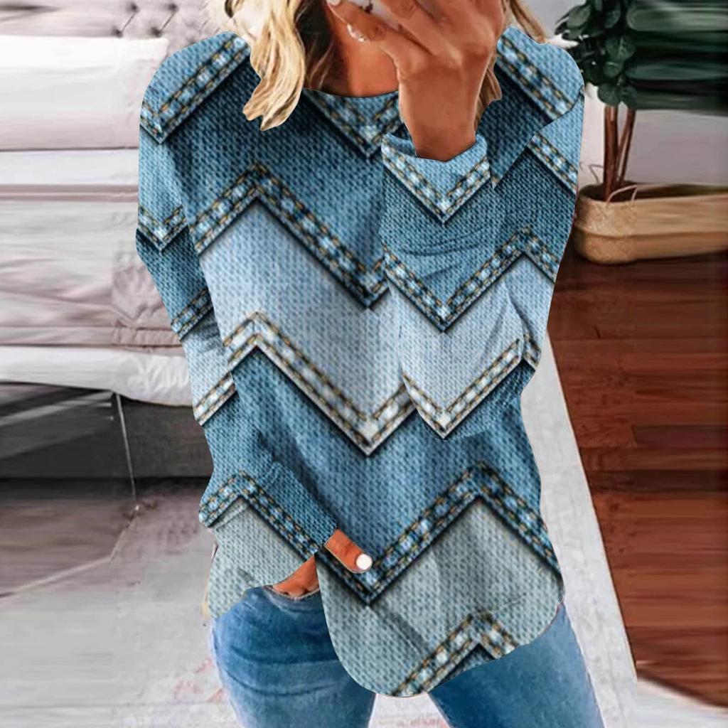 Ladies Casual Fashion Print Long Sleeve Round Neck Pullover T-Shirt Top