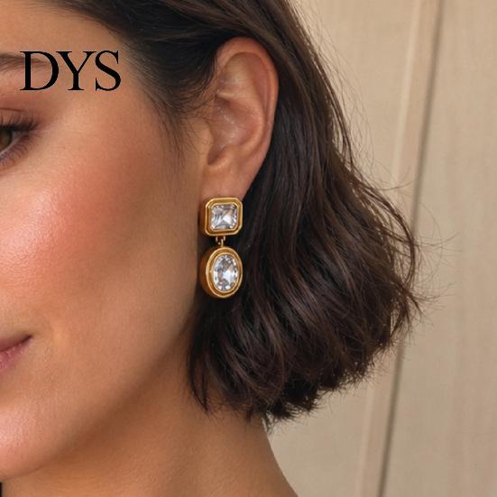 Retro Themed Outfit Accessories 1 Pair Faux Crystal Geometric Dangle Earrings for Women, Vintage Style Gold Plated Jewelry Stainless Steel Drop