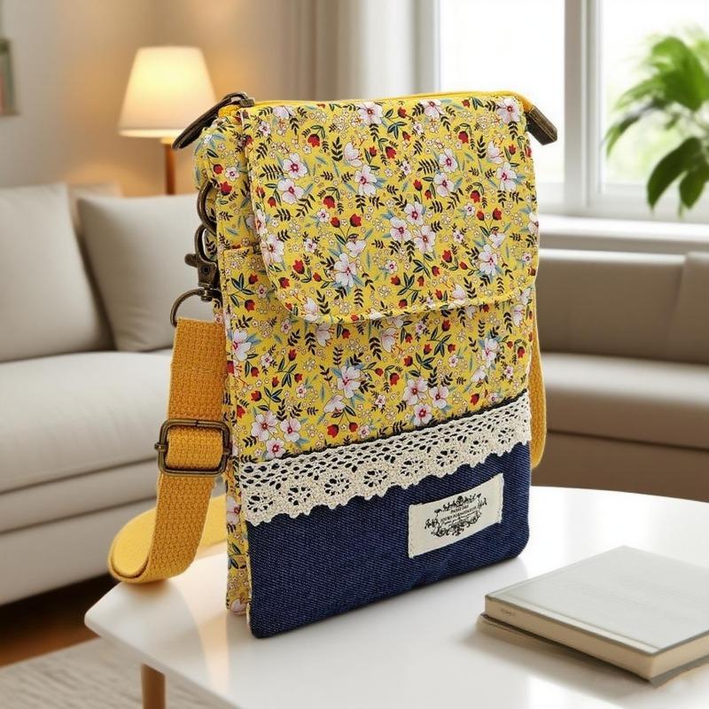 Japanese Floral Canvas Phone Crossbody Bag Women Multi Pocket Shoulder Bag Travel Passport Wallet Cell Phone Purse with Adjustable Strap