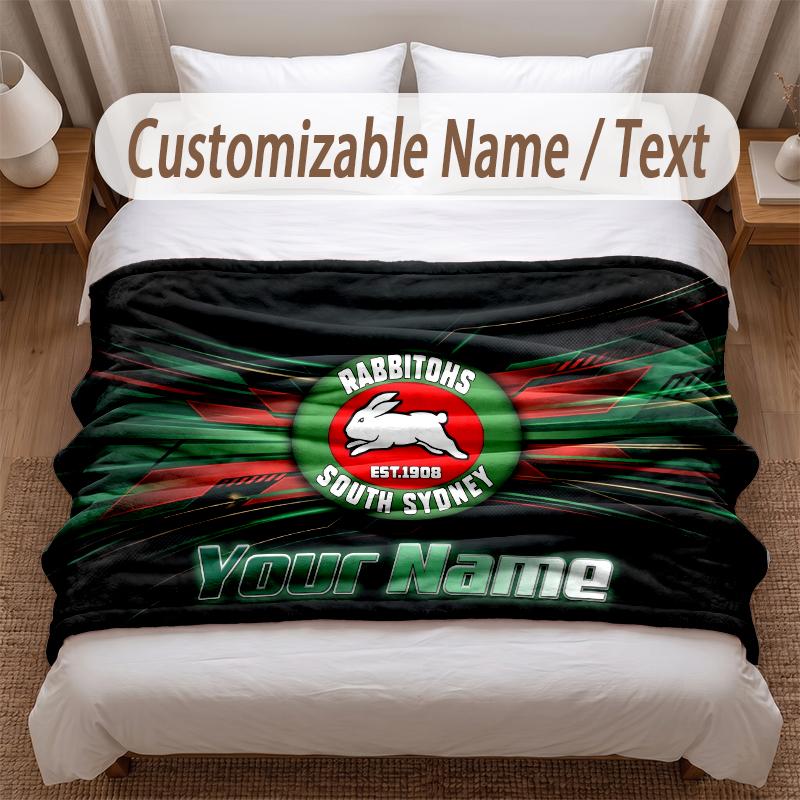 South Sydney Rabbitohs Printed Flannel Blanket Custom Name Text Soft Warm Throw For Bedroom Holiday Gift
