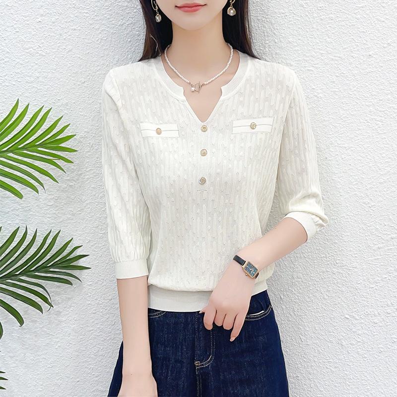 

Early spring medium-sleeved top, women s five-quarter-sleeved spring and summer wear, ice silk knitted sweater, early spring bottoming shirt one size fits all белый