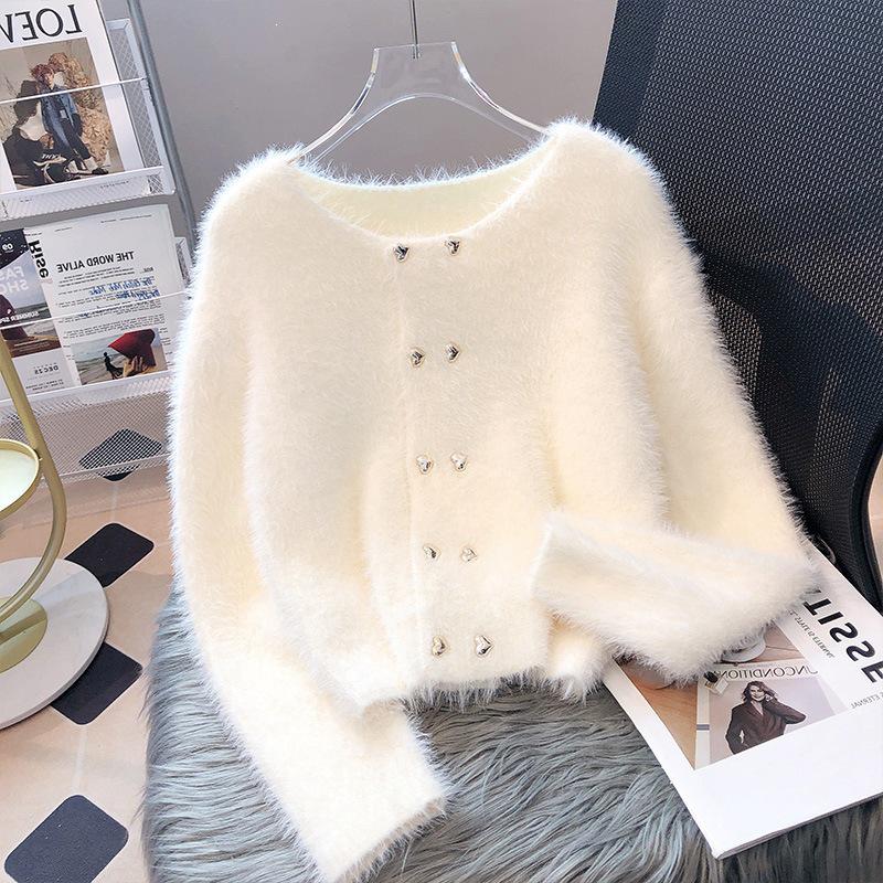 Cardigan double boutonnage en velours vison pour femme - Automne/Hiver 2025, Court à col rond Style Little Coco.