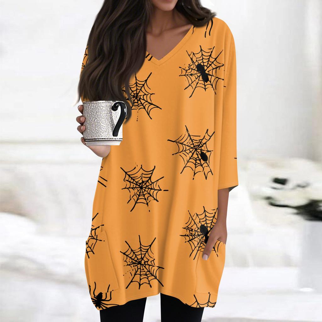 Womens's Fashion Casual Halloween Print V-neck Mid Length Pocket 3/4 Sleeve Top