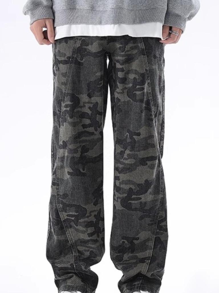 Jeans Camouflage Streetwear Homme Poids Lourd - Pantalon Décontracté Coupe Droite Ample pour Printemps/Automne