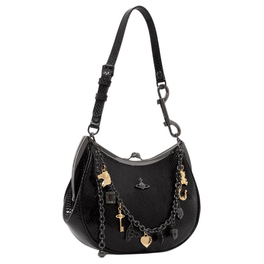 VIVIENNE WESTWOOD Charm Frame Python Effect Embossed Pendant Shoulder Bag Women Shoulder Bag Black Gold Silver 4B01000PWL00D7BLACK