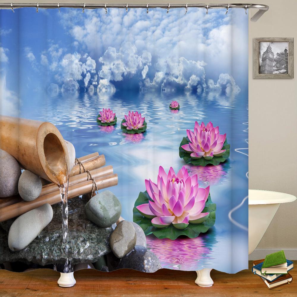 Zen Shower Curtain 3D Stone Running Water Flower Plant Shower Curtains Waterproof Mold Proof Curtain Washable Zen Shower Curtain