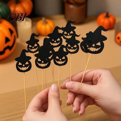 Halloween Cupcake Toppers 8 Pcs Toppers, Black Glitter Witch Hat Pumpkin Cake Topper Picks for Party Supplies, Birthday Decoration Dark