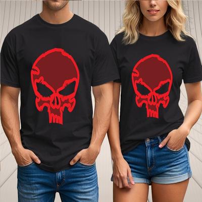 Gothic Biker T-Shirt Unisex Roter Umriss Schädel Punk Streetwear Grafik Geschenk Top