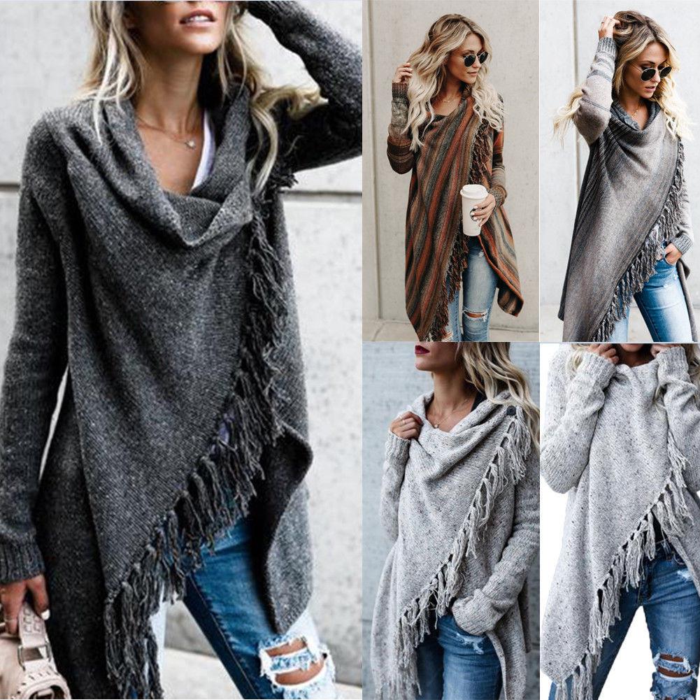 Elegant Women's Irregular Tassel Cardigan Sweater Poncho Shawl With Classic Design