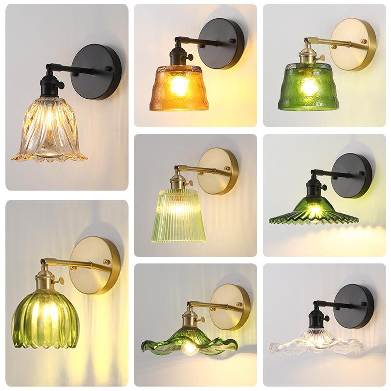 Japanese Retro Floral Glass Wall Lamp Modern Simple Bedside Lamp for Bedroom Study Led Mirror Light Nordic Wall Sconce