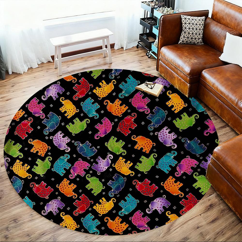 1pc Elephant Colorful Round Chair Mat Area Rug - Non-Slip, Floor Mat for Office, Bedroom, and Indoor Decor -1002247