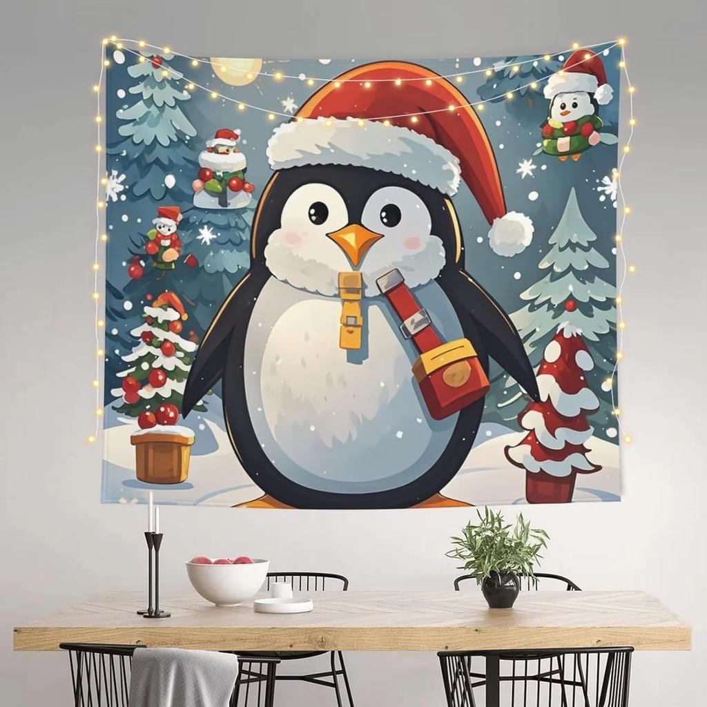 New Cute Penguin Christmas Tapestry Machine Washable Xmas Wall Hanging Decor Funny Holiday Gift Idea