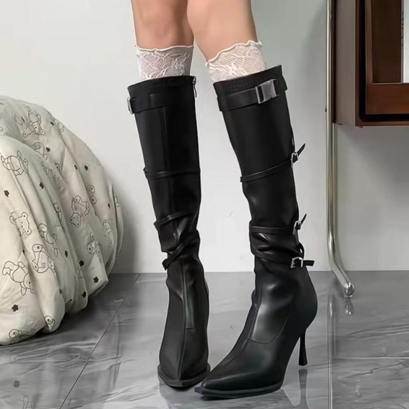 Stiletto Heel High Boots Autumn and Winter New Pointed Toe Side Zipper Metal Buckle Waterproof and Non-Slip Women's Shoes