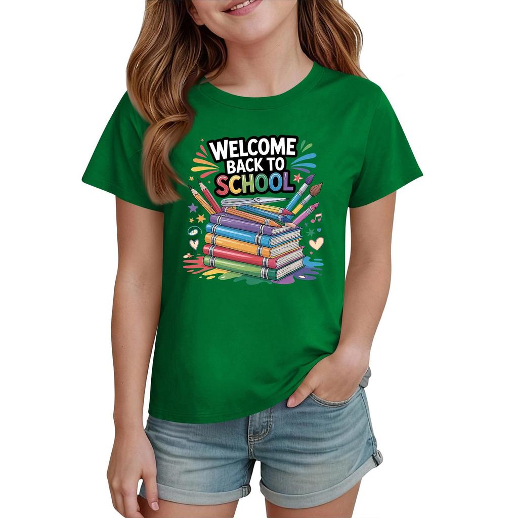 Kids Short Sleeve T Shirt Casual Crew Neck Tee Top Children Back to School Graphic Printed Lightweight Comfortable Summer Wear