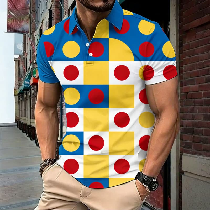 Men's Fashion Color blocked Geometric Printed Short sleeved Polo Shirt