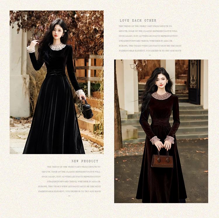 Elegant French Hepburn-Style Black Velvet Dress for Women - Autumn/Winter New Year Party Long Skirt