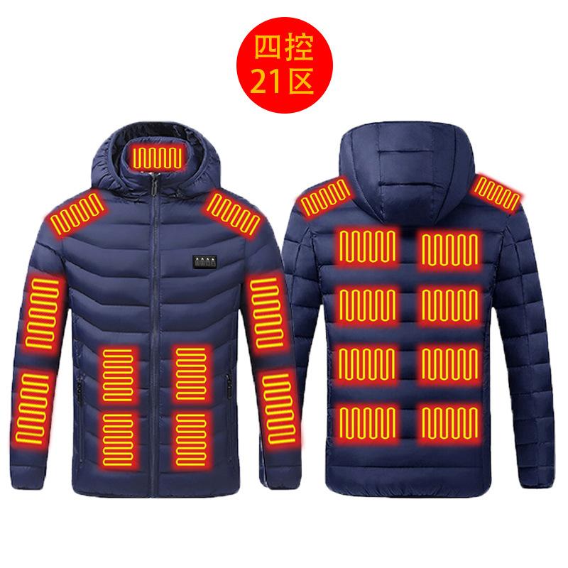 Men Winter Electric Heated Jacket 21 Heating Zones 4 Controls Hooded Warm Coat