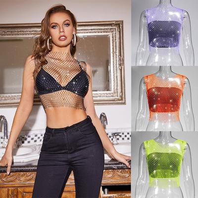 Leqoel Sexy Mesh Out Backless Tank Hollow Summer Rhinestones Tops New Fashion Party See Through Fishnet Crop  for Women