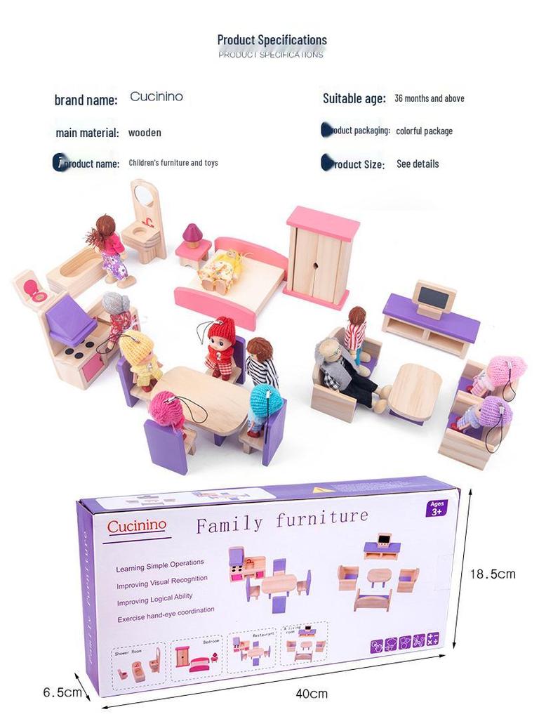 Wooden Doll Furniture Set: Mini Sofa, Cabinet, and Wardrobe for Child's Pretend Play