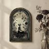 Dark Floral Halloween Art Arched Wooden Wall Decor, Ghost Cat Double-Layer Hanging Ornament, Distressed Gothic Medieval Window Style Decor Tabletop
