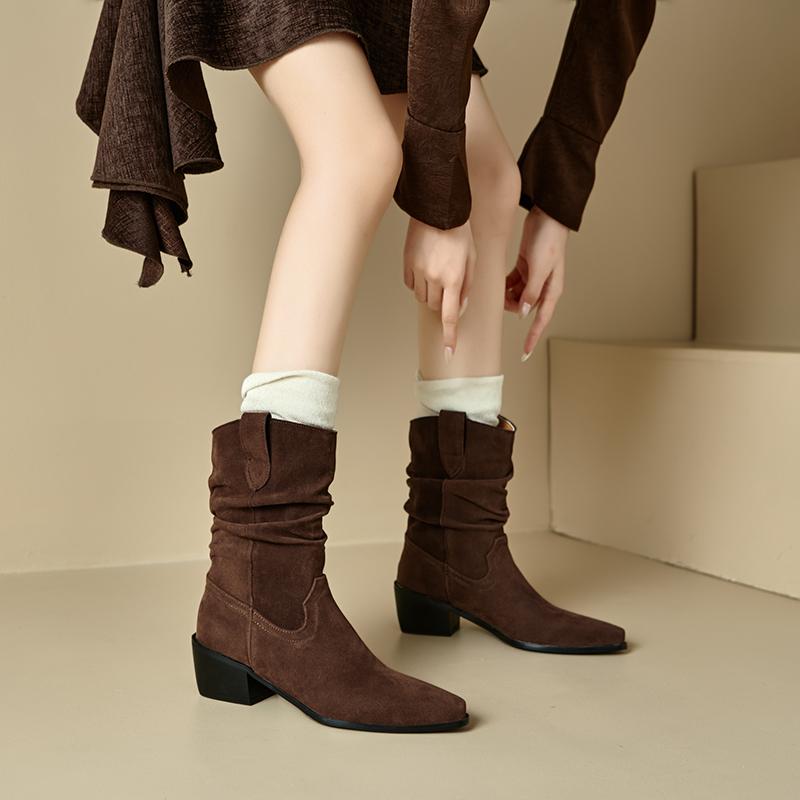 Women's High-heeled Short Boots Autumn and Winter New Suede Large-size Casual Roman Boots