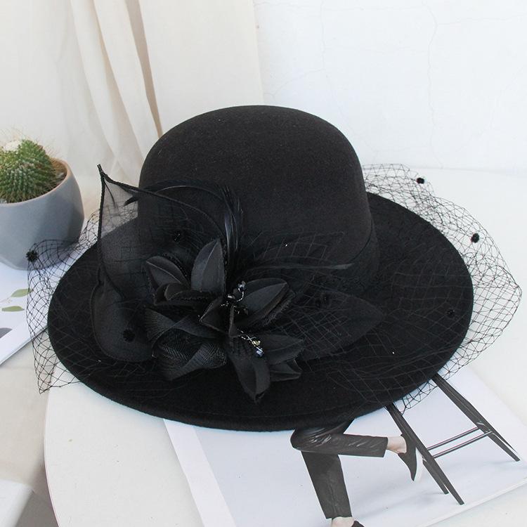 Autumn And Winter Hepburn Big-Brimmed Woolen Hat British Retro Felt Hat Mysterious Mesh Flower Banquet Top Hat