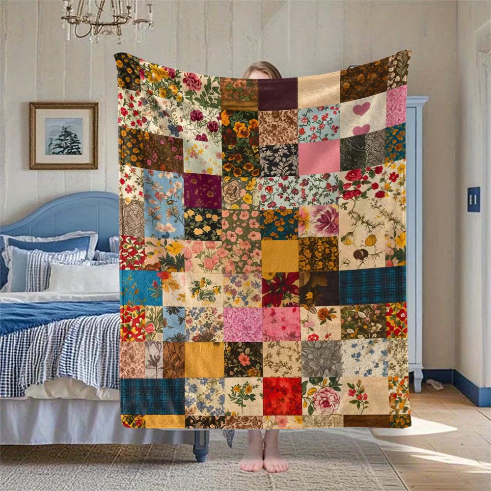 Vintage Floral Patchwork Flannel Throw Blanket