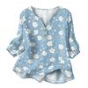 Women’s Casual Floral Print Henley Neck Button Front Cotton Linen Shirt with Three Quarter Sleeves and Relaxed Fit Top