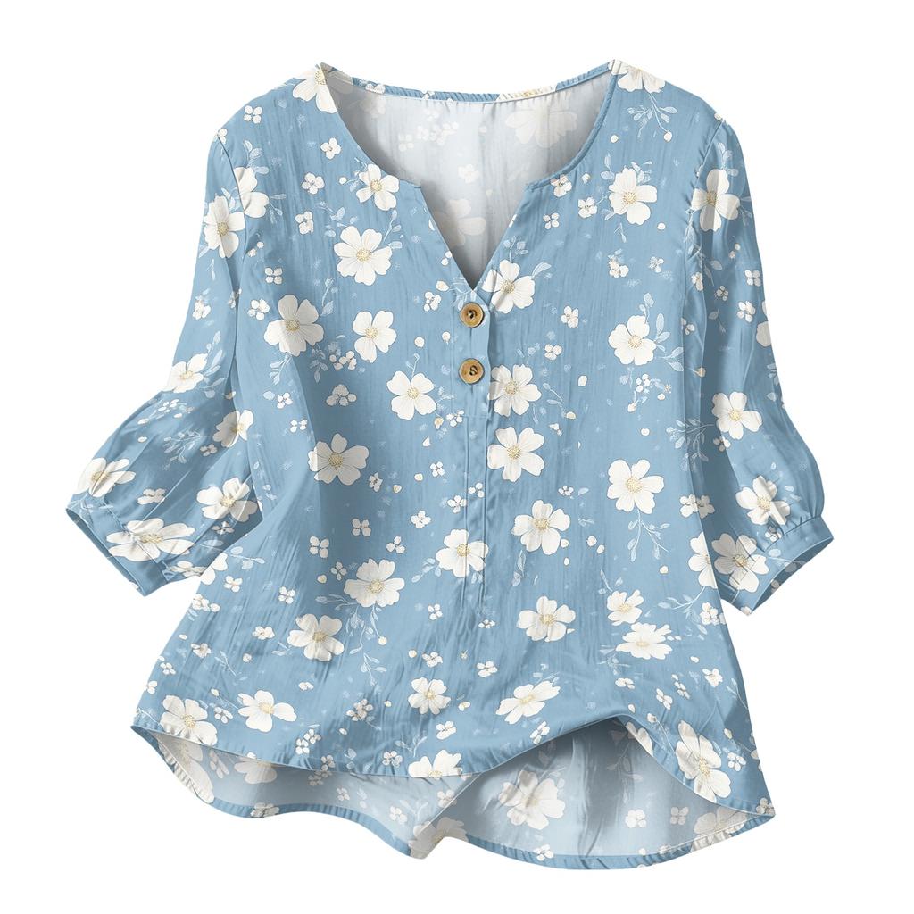 Women’s Casual Floral Print Henley Neck Button Front Cotton Linen Shirt with Three Quarter Sleeves and Relaxed Fit Top